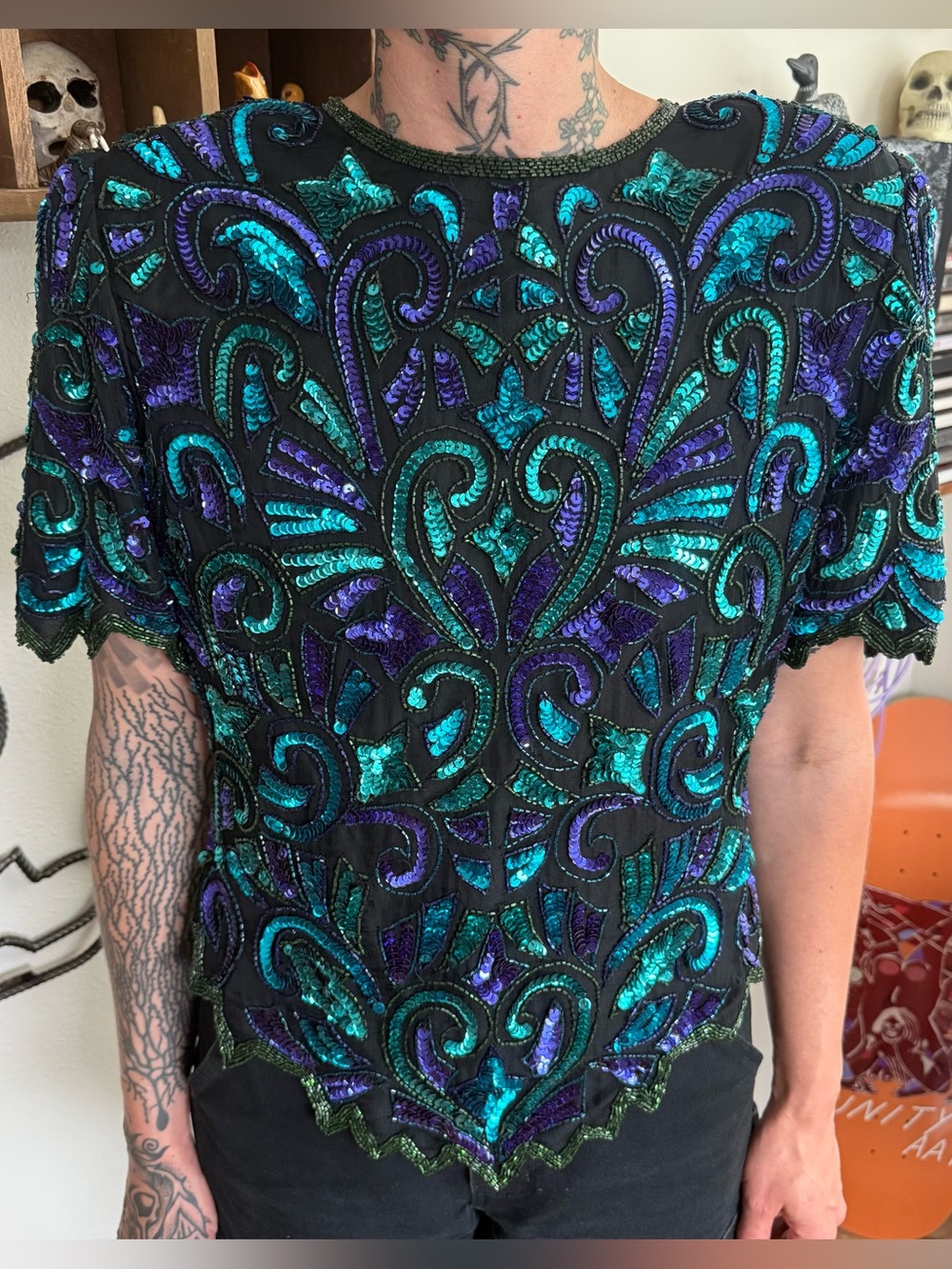 Vintage 80s Laurence Kazar Silk Sequin Top ~ Size Medium